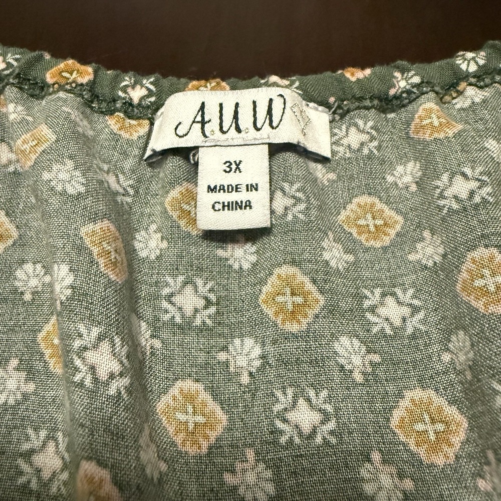AUW Women's Olive Green Gold Floral Print Wide Leg Crop Jumpsuit Rayon Sz 3X - Picture 13 of 16